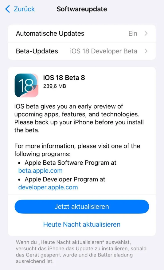 西夏苹果手机维修分享苹果 iOS / iPadOS 18 开发者预览版 Beta 8 发布 